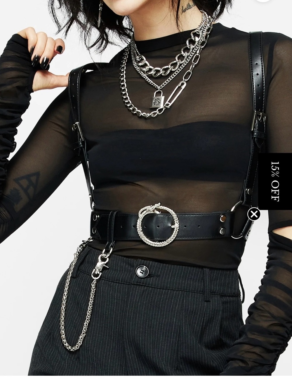 Disturbia Black Harness Belt with Silver Snake Buckle & Chain